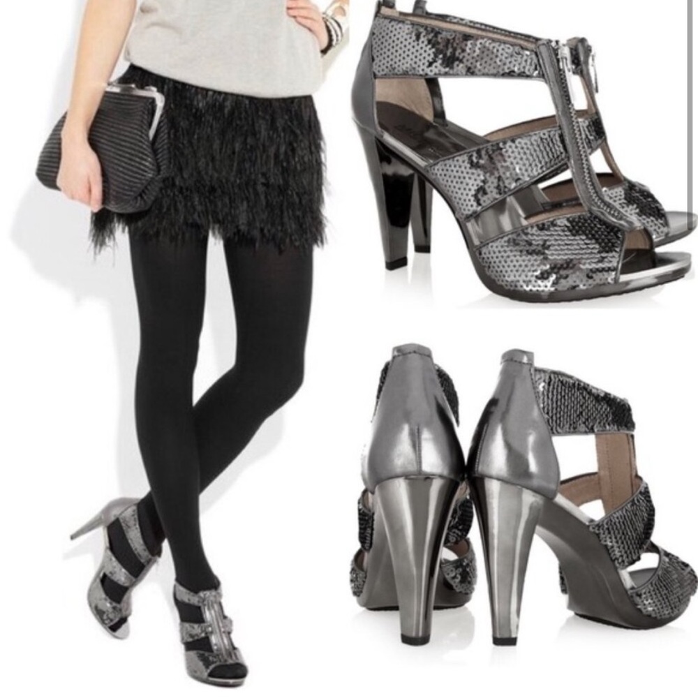 MICHAEL KORS Gunmetal Silver Sequined Berkley T Strap Peep Toe Zipper Heel